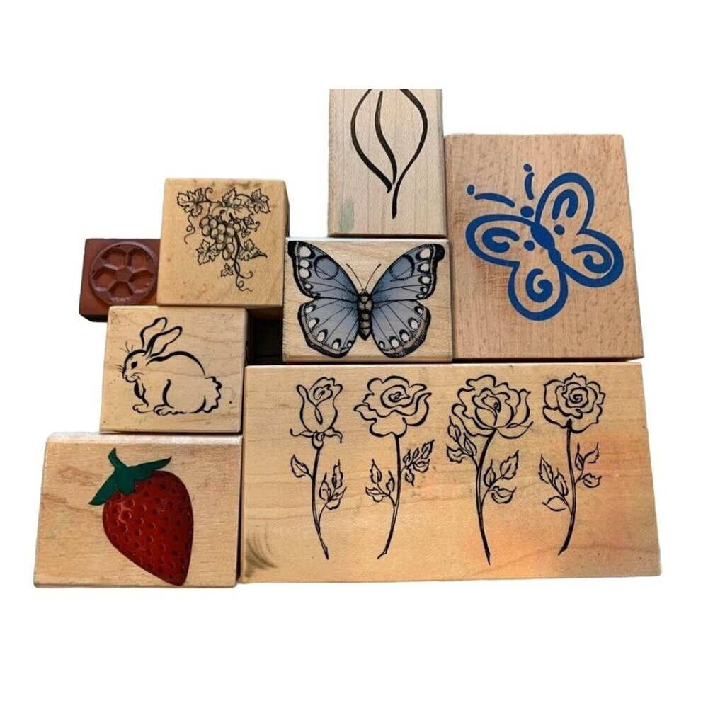 Wooden Rubber Stamps Set Flowers Fruits Rabbit Butterfly Craft Lot